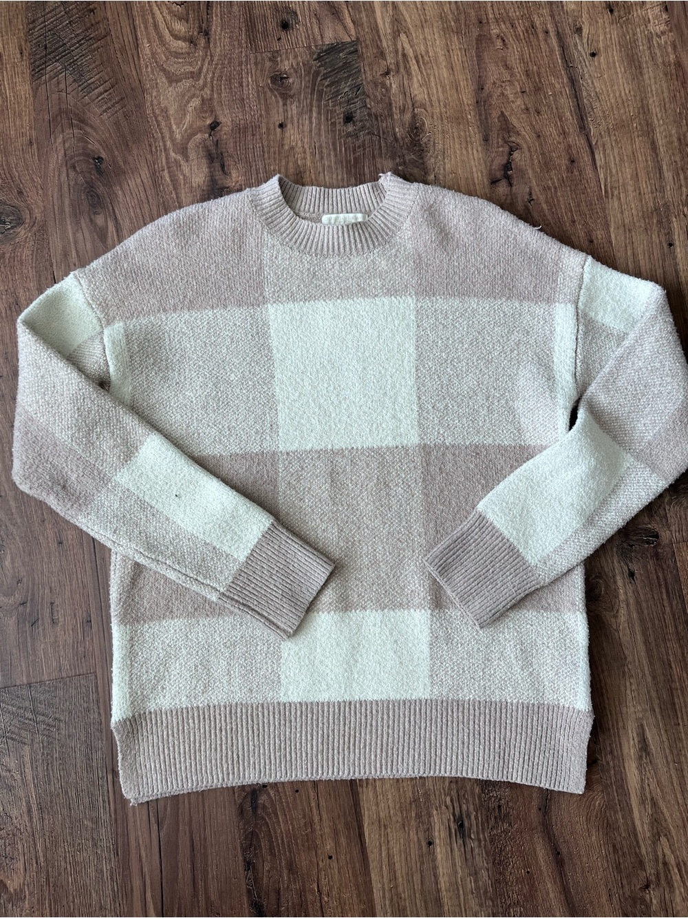 Christian Siriano Oatmeal and Cream Check Crewneck Gingham Sweater